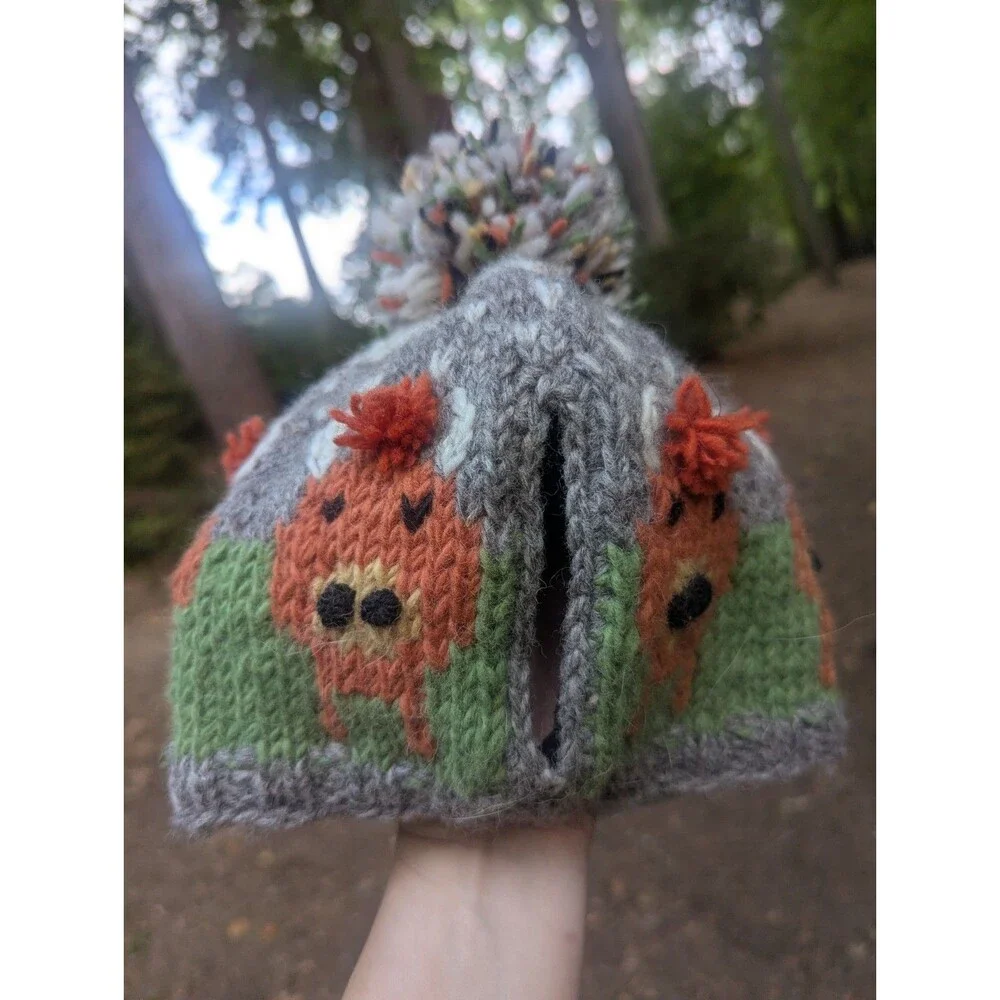 NWT Pachamama Herd of Highland Cow Knitted Wool Tea Cosy Fleece Lined Fair Trade